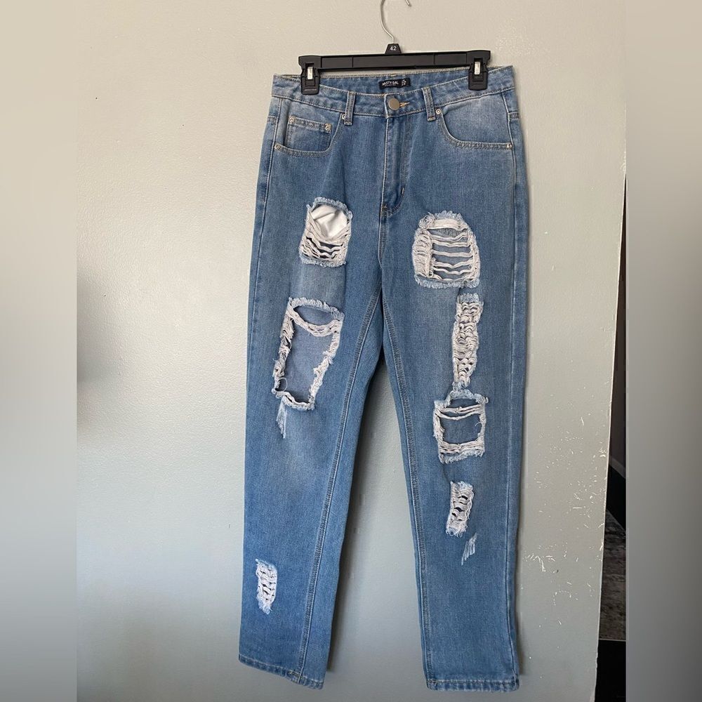 Nasty Gal Blue High Waisted Distressed Mom Jean Light Wash Size 6